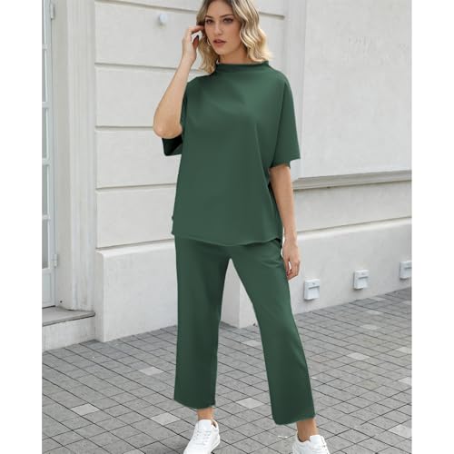 Image of SeeLuNa Women's Two Piece Outfits 3 /4 Batwing Sleeve Capelet Crew Neck Pullover Top Wide Leg Pants Lounge Set