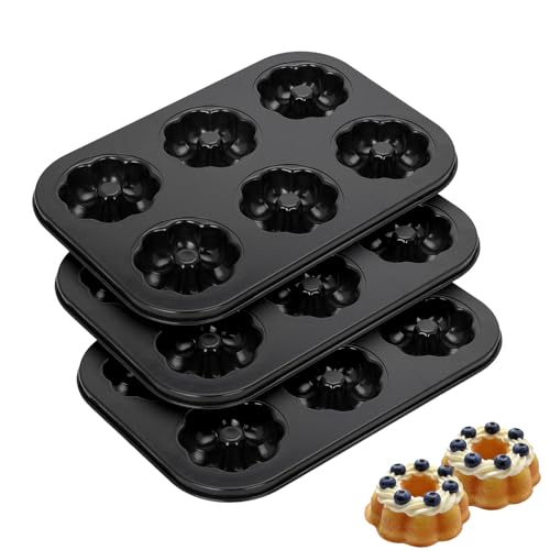 Piszvbej 3 Pack Mini Bundt Cake Pan - Mini Fluted Tube Cake Molds, 6 Cavity Durable Carbon Steel Baking Pan, Non-Stick and Easy to Release, Evenly Shaped Cakes, Perfect for Home Baking and Party