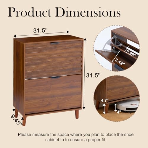 Vezpolcy 31.5'' Narrow Shoe Storage Cabinet for Entryway Shoe Rack Cabinet with 2 Flip Drawers, Wood Slim Shoe Organizer with Fluted Panel for Foyer, Hallway, Living Room, Walnut — view 2