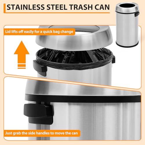 Image of 65L /17 Gal Commercial Trash Can, Round Open Top Trash Can, Large Capacity Waste Bin for Indoor /Outdoor Businesses Use, Stainless Steel Garbage Bin for Home Office Cafes Shopping Mall, Silver