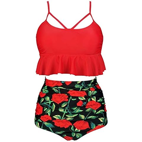 COCOSHIP Rose Floral & Red Retro Women Falbala High Waist Bikini Set Crisscross Hollow Out Swimsuit Bath Pool Swimwear S(US4) Cover