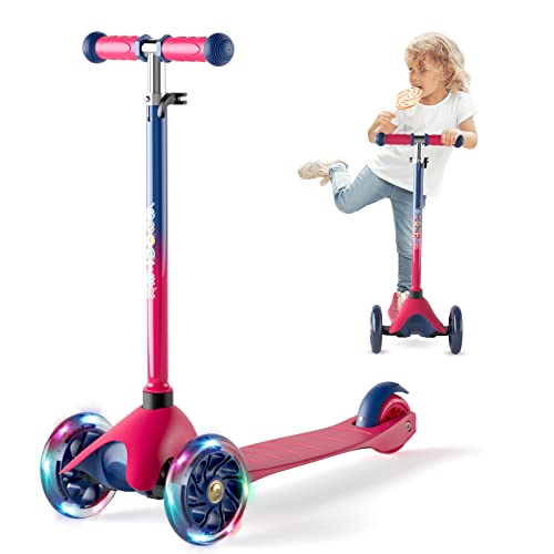 XJD Roller Kinder für 2-8 Jahre,Kinderroller Kinder Scooter mit 3 LED Leuchtenden Räder, 4 Höhenverstellbare Cityroller, Kickboard Sperrbare Richtung Tretroller ab Kleinkind Junge Mädchen (Rot)