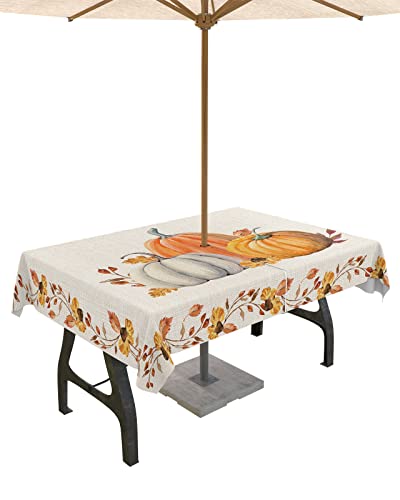 Thanksgiving Outdoor Tablecloths with Umbrella Hole and Zipper, Fall Pumpkin Rustic Maple Leaf Lace Burlap Waterproof/Stain Resistant Rectangle Table Cloth 60x84 Patio Table Cover for Picnic/Party
