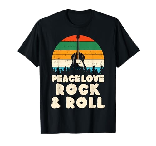 Peace Love Rock N Roll Guitar Retro 80s Hippie Hippi Hippy Camiseta