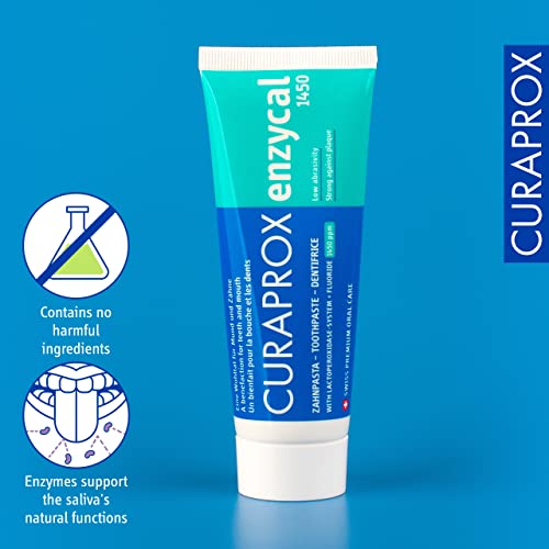 Curaprox Enzycal 1450 Zahnpasta - Fluoridhaltige Zahnpasta mit Enzymen für die tägliche Mundpflege/Unterstützt Hohlraumschutz & frischen Atem | SLS-frei, 75ml / Hergestellt in der Schweiz