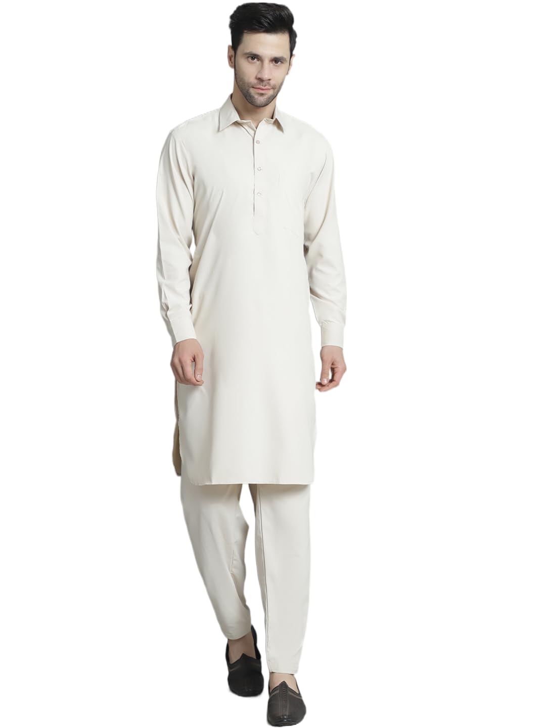 Jompers Men's Cream Solid Pathani Kurta With Salwar (Cream, L)