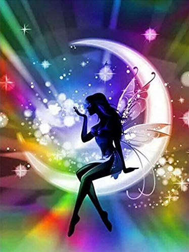 eGoodn 5D Diamond Painting Kit Butterfly Fairy for Adults DIY Art Full Drill Round 16x20 Inches / 40x50cm, Angel Girl with Wings on The Moon