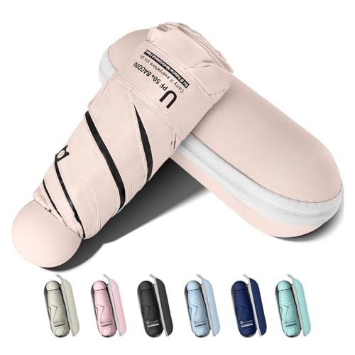 BAODINI Travel Essentials - Mini paraguas para bolso con funda, pequeño y compacto, protección solar UV, ligero, apertura manual, paraguas para mujeres, niños y hombres