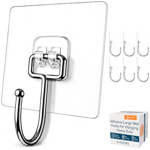Image of GLUIT Adhesive Large Wall Hooks for Hanging Heavy Duty 22 lbs Hooks for Walls No Drill, Towel Sticky Clear Hooks, Waterproof, Home, Bathroom, Kitchen, Office, and Outdoor 6 Pack
