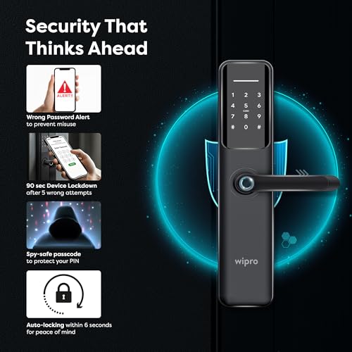 Image of Wipro Smart Door Lock Aura Pro | 6-Way Unlocking | 5 Bolts | Fingerprint, PIN, Access Card, Guest Unlocking via OTP, Mobile App | Pin Decoy, Alerts | IP65 Waterproof | 2 Yr Warranty | Black