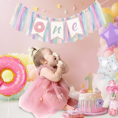 Image of Kriyokiaa Donut Highchair Banner 1st Birthday Girl Sweet One Birthday Party Decorations Rainbow High Chair Banner Photo Background