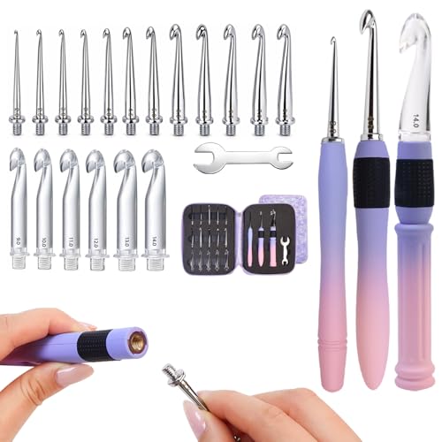 Lewhoo 18 Size Interchangeable Crochet Hooks 2.0mm(B)-14.0mm(P), Ergonomic Crochet Hooks