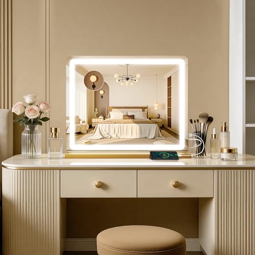 Image of ROLOVE 23 inchx18 inch Gold Vanity Mirror with Lights, Large Lighted Makeup Mirror with 10X Magnifier, 3 Color Lighting & Stepless Dimming, Wall Mounted or Tabletop Desk Mirror for Bedroom