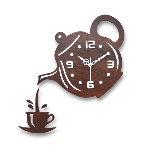 Image of Designer Wooden Wall Clock | Unique Teapot Shape Wall Clock for Home, Kitchen, Living Room & Office | Decorative Modern Acrylic Wall Clock (Dark Woode)