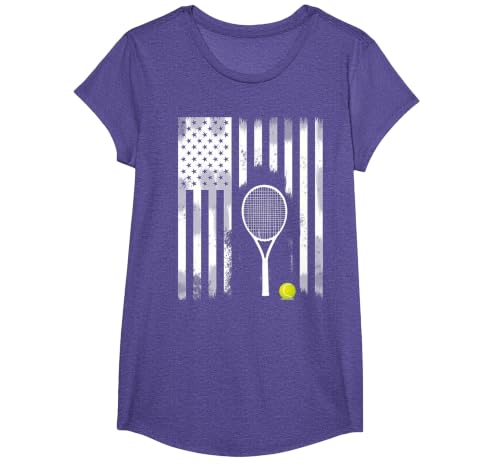 Tennis American Flag USA America Tennis Open Patriot T-Shirt, Girls, Purple Heather, X-Small