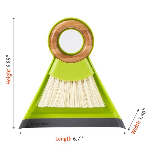 Image of Full Circle Tiny Team Mini Brush & Dustpan Set - Green | Compact and perfect for quick countertop cleanups in the kitchen, on desks, or anywhere crumbs collect.