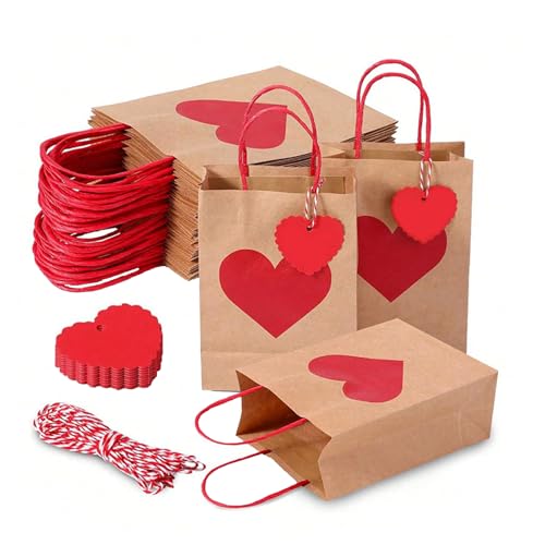 Senlwod 24 Red Heart-Shaped Valentines Day Gift Bags with Handles and Tags for Dating Wedding Birthday Parties
