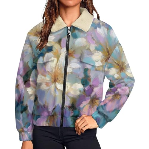 Manteau polaire femme hiver chaud veste blouson imprimé fleurs violet bleu grande taille