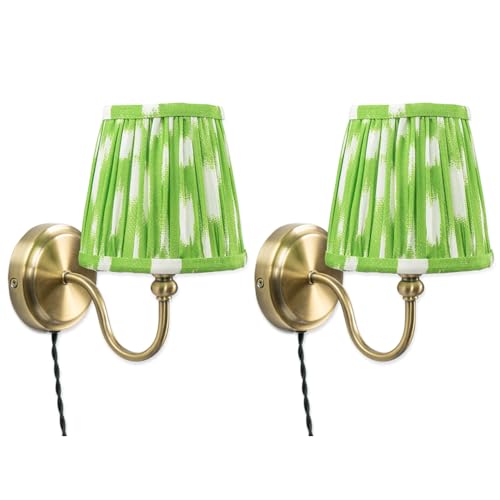 ValueLights | Plug in Antique Brass Wall Lights with Green Pleated Fabric Tapered Lampshade | Wall Lamps & Sconces, Home Décor & Improvement Essential | Pair of 2