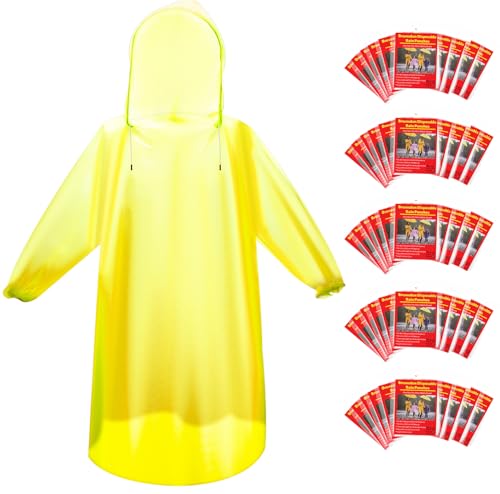 Bruvoalon 6, 20 & 50 Pack Disposable Rain Ponchos for Adults, Waterproof PE with Drawstring Hood and Elastic Cuffs
