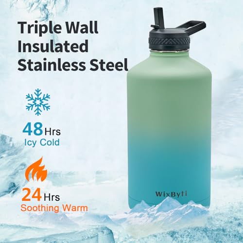 WixByti One Gallon Water Bottle Insulated, Triple Wall Vacuum Cold for 48 Hrs & Leak-proof & Non-BPA, 128oz Large Sports Stainless Steel Water Jug with Paracord Handle Straw Spout Lids & DIY Stickers