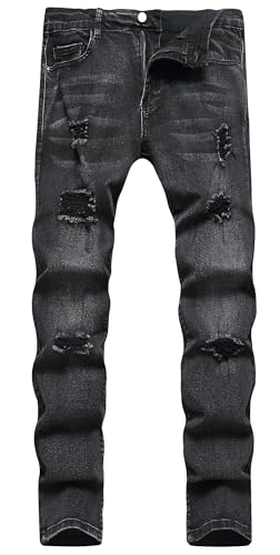 Men's Slim Fit Stretch Jeans Ripped Distressed Straight Leg Fashion Black Pants