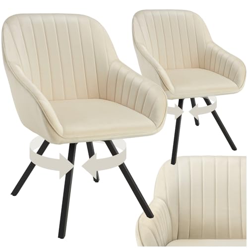 tectake® drehbare Esszimmerstühle mit Armlehne, Schalenstuhl ergonomisch mit Samt Bezug, gesteppt, Stühle drehbar für Wohnzimmer, Esstisch, Arbeitszimmer, Schminktisch, Küchenstühle - 2er Set, Creme