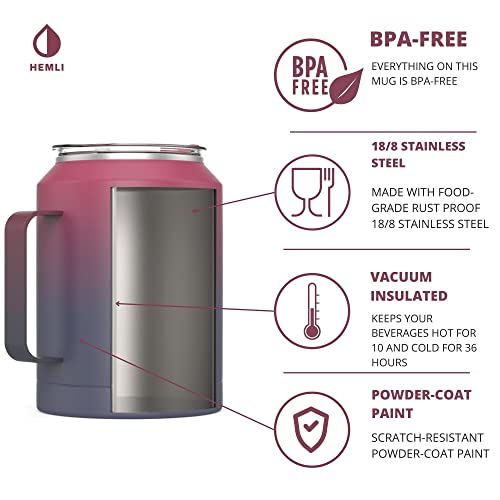 Hemli 50 Oz Mug Tumbler With Handle And Lid, Large Insulated Tumbler With Straw, Stainless Steel Big Tumbler, Double-Walled Vacuum-Sealed, Two Straws And (Red Purple) #TOP2