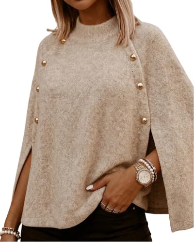 CHICME Oversized Sweater for Women 2026 Knit Cape Sweater-Khaki-X-Large