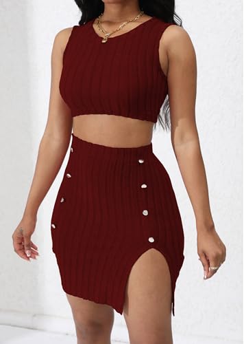 Image of Womens 2 Piece Club Outfit Going Out Dress Crop Top & Slit Skirt Set