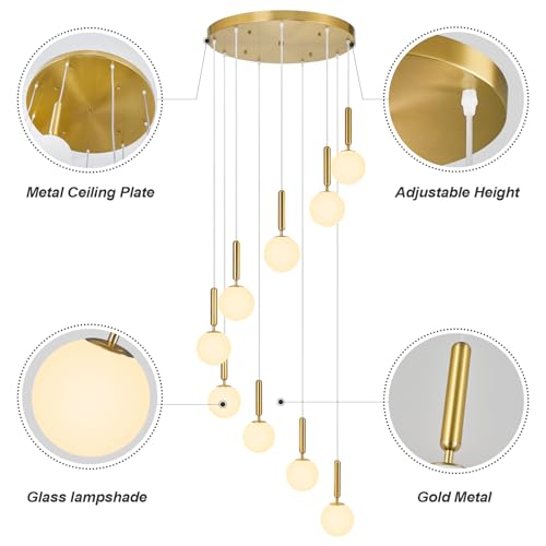 Image of 9-Lights Gold Chandelier with Milk White Glass Mid Century Modern