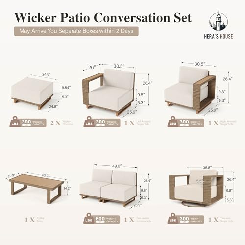 Image of HERA'S HOUSE Patio Sectional Furniture Set with Swivel Chairs, Modular Outdoor Conversation Set with 10 inch Thick Cushion, 7 Seats Low Profile Yellow Rattan Wicker Sofa for Deck Yard Lawn