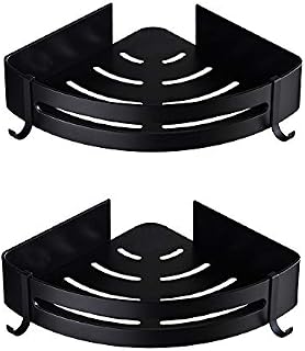 Bathroom Corner Shelves,Shower Shelf Corner Shelf No Drilling Shower Basket Caddy Shower Organiser Storage Corner Adhesive Aluminum Wall Mounted with Hooks (Triangle, 2 Pack, Black)