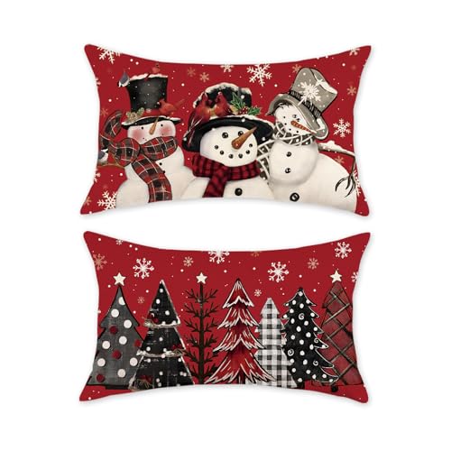 TAJWE Red Christmas Pillow Covers 12x20 Set of 2 Xmas Trees Snowman Decor