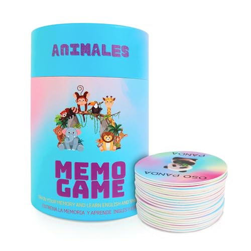 Jogo Memory bilíngue para crianças | 40 peças - animais em inglês e espanhol | jogo de tabuleiro educativo para crianças de 4, 5, 6 anos, desenvolve memória e habilidades cognitivas (azul)