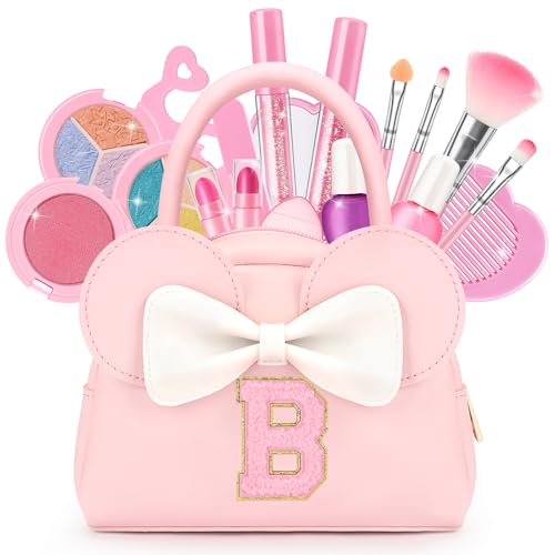 Image of Kids Real Makeup Kit for Girls - 18Pcs Non-Toxic Washable Make Up Toys with Initial Toddler Purse - Personalized Birthday Gifts for Age 3 4 5 6 7 8 9 10 Years Old Girls Vanity Set - B