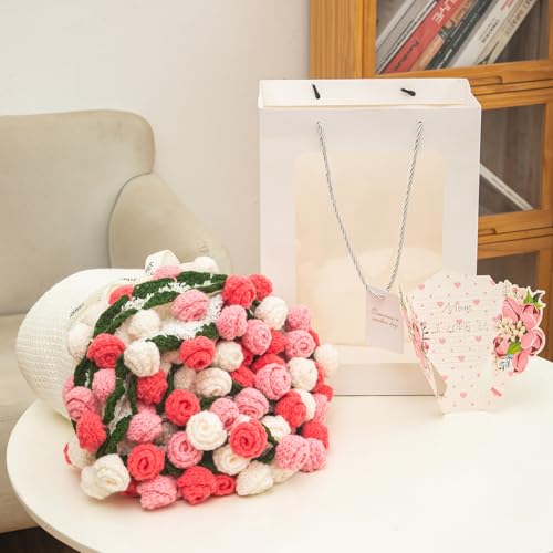 Crochet Flower Bouquet Blanket with Gift Bag & Custom Card Handmade Knitted Throw Blanket for Mothers Day Valentines Day Soft Crochet Floral Blanket for Home Decor