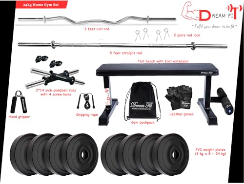 Image of DREAM FIT PVC Home Gym Set - 24 kg with 1 Flat Bench with Foot Extension, 3 ft Curling Rod, 5 ft Straight Rod, 1 Pair Dumbbell rods and Gym Accessories (24kg)
