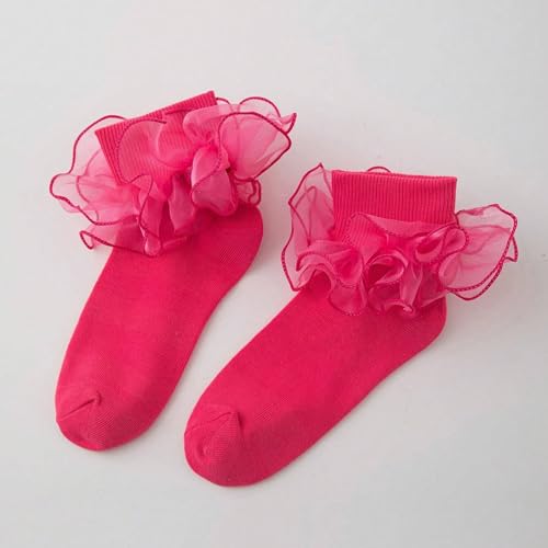 Image of Women Big Ruffle Ankle Socks Adult Double Lace Frilly Socks Fold Cuff Cotton Ruffled Dress Crew Bobby Bride Sock