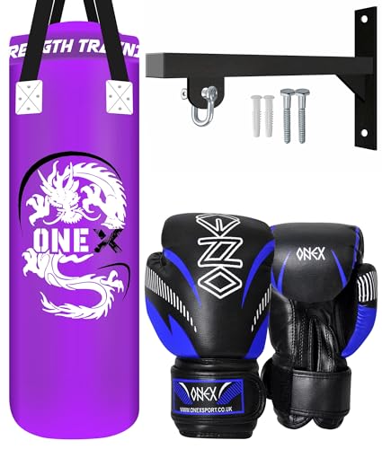 Punch Bag 3FT Heavy Duty Filled Boxing Bag Set Hanging Wall Bracket Punching Gloves MMA Kickboxing Training Muay Thai Karate BJJ Home Gym Fitness Equipment (Purple)