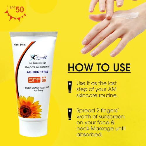 Knoll Healthcare Sunscreen SPF 50 with UVA/UVB Sun Protection Broad Spectrum Vitamin E Lotion Suncreen for Dry Skin Oily Skin Water and Sweat Resistance Non Greasy 120ml (Pack of 2)