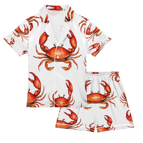 Satin Pajama Sets Short Sleeve Crab Pattern Print Design Button Down Silky Nightwear 2 Piece PJS 5-14Y