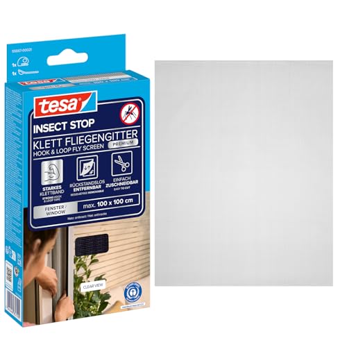 tesa Insect Stop Klett Fliegengitter Premium für Fenster Insektenschutz mit starkem Klettband rückstandsfrei entfernbar zuschneidbar ohne Bohren - 100 cm x 100 cm - Anthrazit (Durchsichtig)