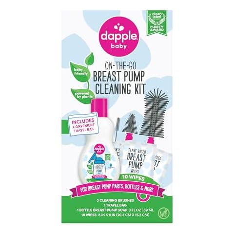Dapple Breast Pump Cleaning Kit, Hypoallergenic & Powered by Plants, Removes Milk Residue, Leaves No Taste, 3oz Soap, 10ct Wipes, 3 Cleaning Brushes Cover