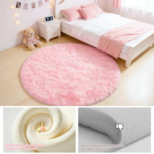 ROHATIM Teppich Rund 100 cm Rosa Waschbar Rutschfester Runder Hochflorteppich Wohnzimmer Kinderzimmer Schlafzimmer Flauschig