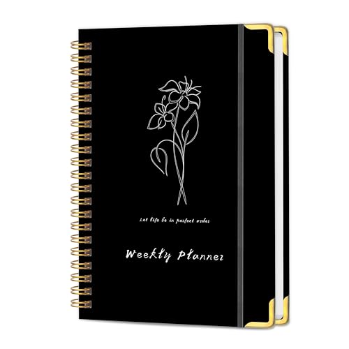 Undated Weekly Planner with Metal Corner Hardcover Notebook , A5 Size Journal with To Do List Planner, Habit Tracker,Weekly Goals for ADHD,Student, Office, Women, Men ,Gifts,6 x 8 inches，Spiral Bindding ,Black