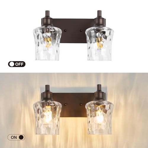 Image of Bathroom Light Fixtures Farmhouse Oil Rubbed Bronze Vanity Lights for Bathroom Lighting Fixtures Over Mirror with Hammered Glass Lampshade for Cabinet Mirror Bedroom Hallway 2 Light