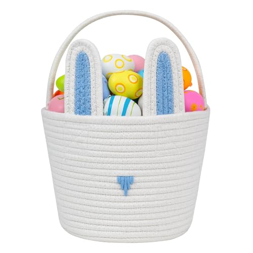 Image of CubesLand Easter Basket for Boys Girls Easter Bunny Basket with Rabbit Ears, Easter Egg Hunting Basket Easter Baskets for Children Kids Babies First Easter Gifts Blue White 9.8 x 7.8 x 7.8 inch