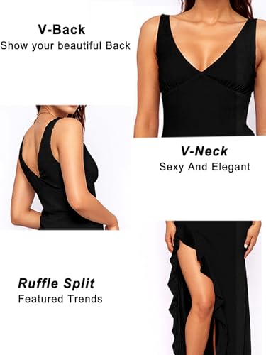 Women's Sexy V Neck Sleeveless Mesh Ruffles Hem High Slit Bodycon Maxi Casual Backless Cocktail Wedding Guest Party Dress4