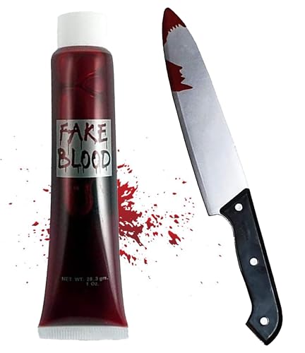 Silver Fancy Dress® Adult Scary Costume Bloody Knife & Fake Blood Tube Perfect For Halloween Theme Party | Slasher Knife Machete Toy Cleaver Halloween Toys Realistic